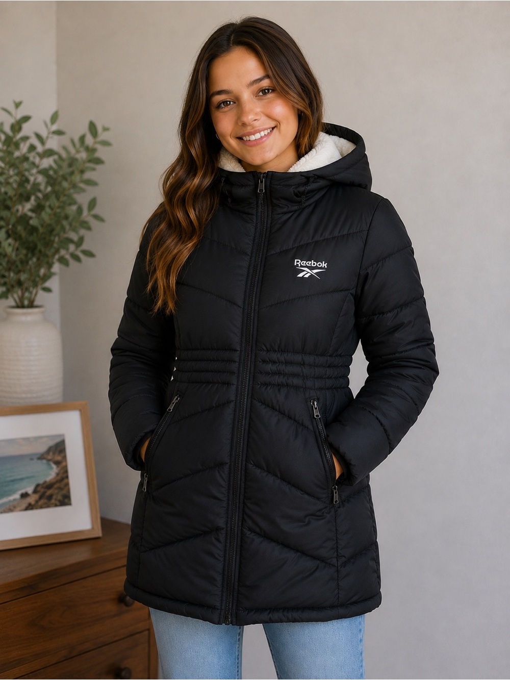 Reebok Black Quilted Hooded Puffer Jacket